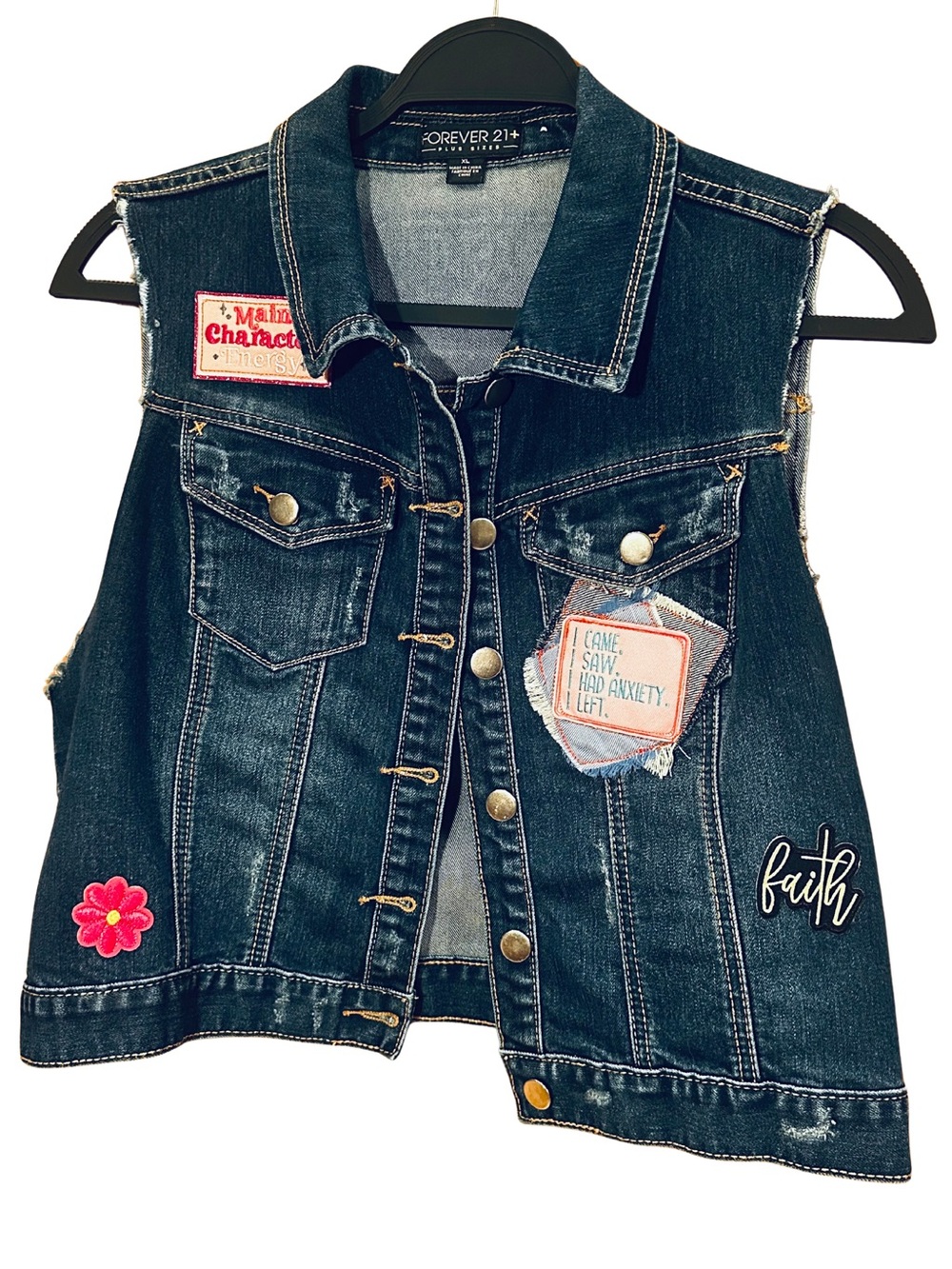 Forever 21 XL Dark Denim Vest Main Character Energy Patches